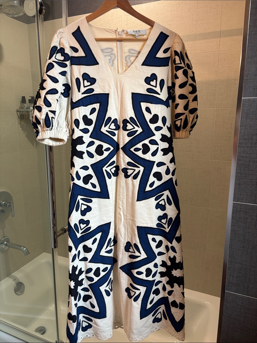 Sea New York Embroidered White Midi Dress with Navy Graphic Motif